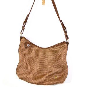 The SAK Brown Crochet Shoulder Bag Purse with Teal Interior Zip Close